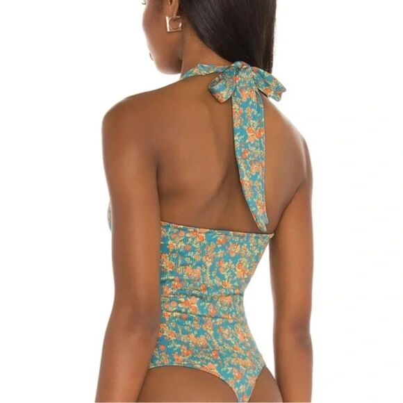 Free People Lola Pastel Blue Ditzy Floral Print Halter V Neck Bodysuit Size XS - Picture 3 of 10